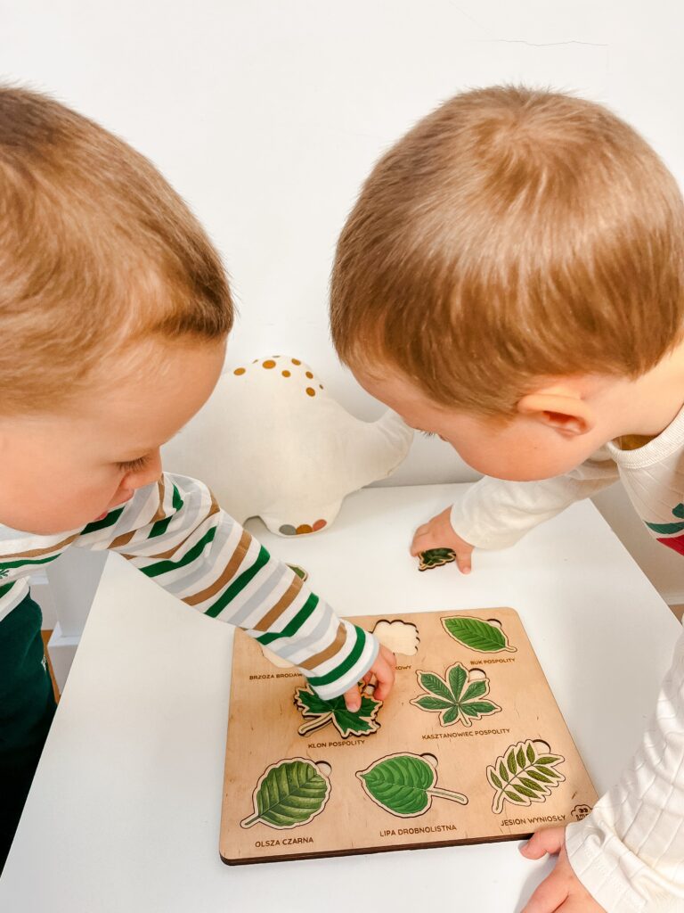 Drewniana układanka Montessori - Liście z kartami edukacyjnymi Drewniana układanka Montessori - Liście z kartami edukacyjnymi