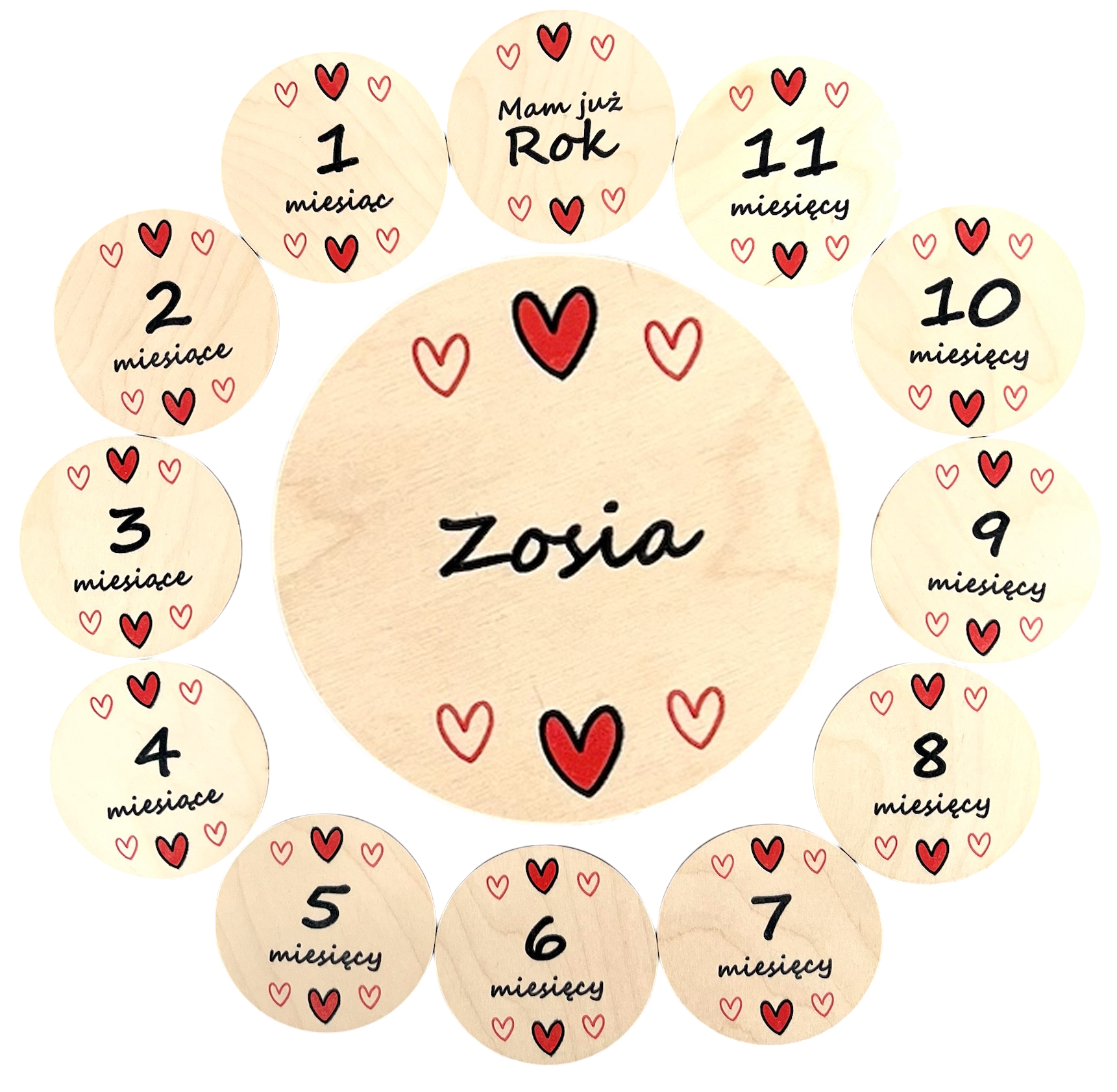 Drewniane tabliczki z miesiącami do zdjęć personalizowane kolorowe serca